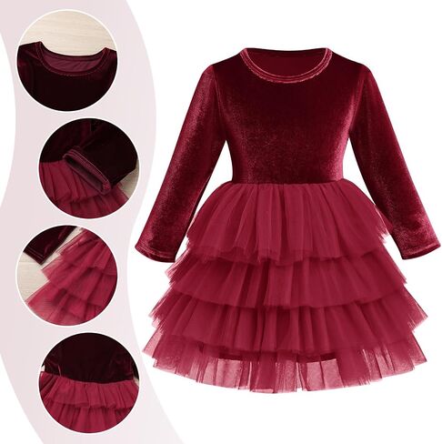 Toddler Long Sleeve Velvet Dress Girls Fall Winter Burgundy Tulle Dress Vintage Casual Holiday Christmas Dresses in Kuwait