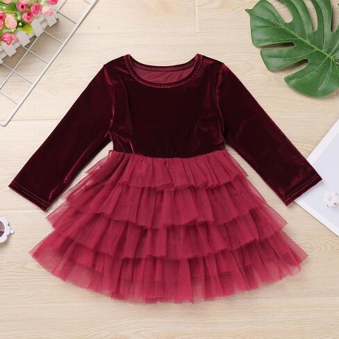 Toddler Long Sleeve Velvet Dress Girls Fall Winter Burgundy Tulle Dress Vintage Casual Holiday Christmas Dresses in Kuwait