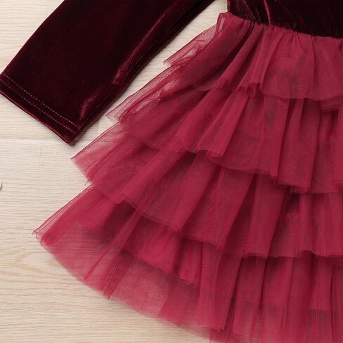 Toddler Long Sleeve Velvet Dress Girls Fall Winter Burgundy Tulle Dress Vintage Casual Holiday Christmas Dresses in Kuwait
