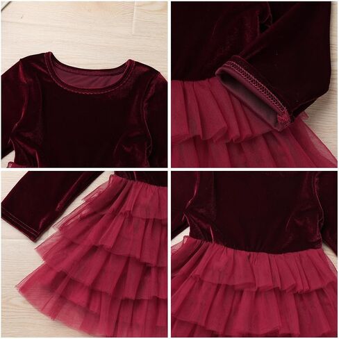 Toddler Long Sleeve Velvet Dress Girls Fall Winter Burgundy Tulle Dress Vintage Casual Holiday Christmas Dresses in Kuwait