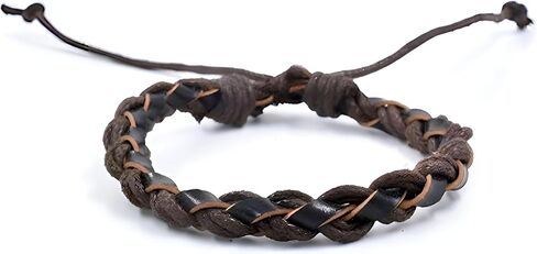 سوار ملتوي من الجلد البني للرجال، جلد بوهو حقيقي وسلسلة نايلون مزدوجة حبلا بعرض 7 ملم سوار معصم ملتف مصنوع يدويًا من الجلد الطبيعي القبلي in Kuwait