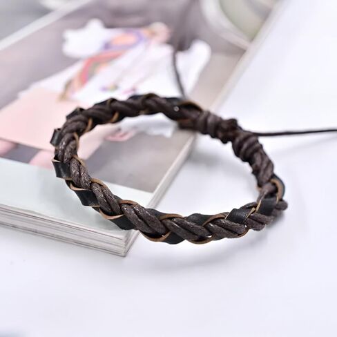 سوار ملتوي من الجلد البني للرجال، جلد بوهو حقيقي وسلسلة نايلون مزدوجة حبلا بعرض 7 ملم سوار معصم ملتف مصنوع يدويًا من الجلد الطبيعي القبلي in Kuwait