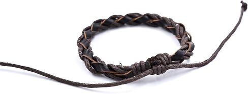 سوار ملتوي من الجلد البني للرجال، جلد بوهو حقيقي وسلسلة نايلون مزدوجة حبلا بعرض 7 ملم سوار معصم ملتف مصنوع يدويًا من الجلد الطبيعي القبلي in Kuwait