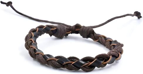 سوار ملتوي من الجلد البني للرجال، جلد بوهو حقيقي وسلسلة نايلون مزدوجة حبلا بعرض 7 ملم سوار معصم ملتف مصنوع يدويًا من الجلد الطبيعي القبلي in Kuwait