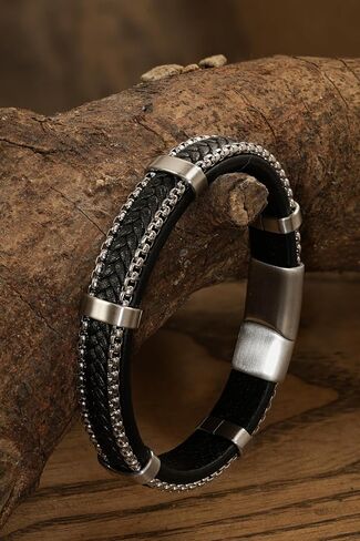 HAQUIL Braided Leather Bracelets Cuffs Black Leather Wristband Stainless Steel Clasp in Saudi Arabia