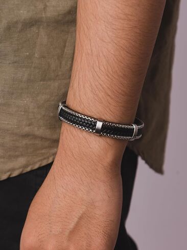 HAQUIL Braided Leather Bracelets Cuffs Black Leather Wristband Stainless Steel Clasp in Saudi Arabia