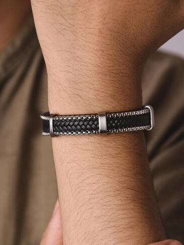 HAQUIL Braided Leather Bracelets Cuffs Black Leather Wristband Stainless Steel Clasp in Saudi Arabia