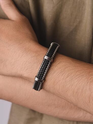 HAQUIL Braided Leather Bracelets Cuffs Black Leather Wristband Stainless Steel Clasp in Saudi Arabia