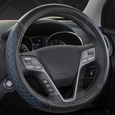 West Llama Customized Auto Car Steering Wheel Cover for Hyundai,Tucson,Sonata,Elantra,Santa Fe,Genesis,Sonata Hybrid,Azera,Venue,Kona, 14.5-15 inches(Black+Gray - Standard Size) in Kuwait