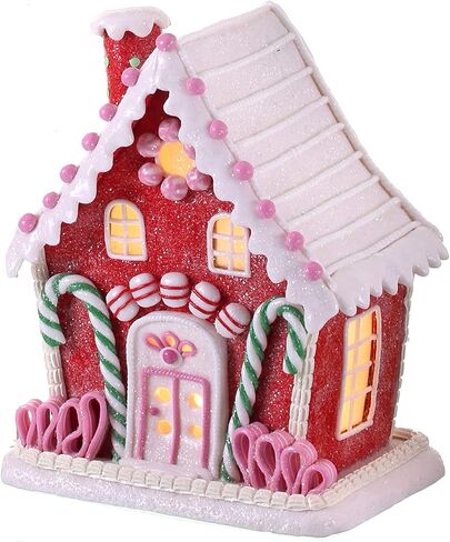 One Holiday Way 9.5-Inch LED Light Up Red Faux Gingerbread House Tabletop Decoration w/Timer, Candy Glitter, Frosting Accents – Lighted Decorative Christmas Party Winter Home Decor in Saudi Arabia