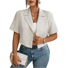OYOANGLE Women's Plus Size Short Sleeve Open Front Cropped Blazer Work Office Dressy Suit Jackets