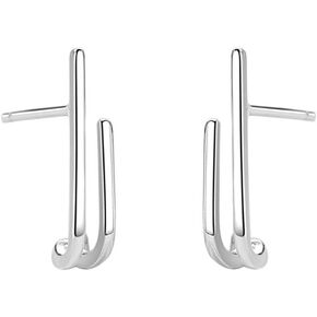 Minimalist Line Cuff Stud Earrings for Women 925 Sterling Silver Hypoallergenic Small Double Curved Bar Linear Drop Dangle Unique Simple Jewelry