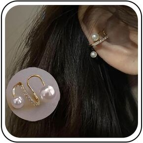 Bohemian Pearl Cuff Earrings Crystal Cartilage Cuff Earrings Rhinestone Ear Cuff Earrings Gold Pearl Cuff Wrap Earrings Minimal Cz Clip Wrap Earrings No Piercing Earring Jewelry for Women