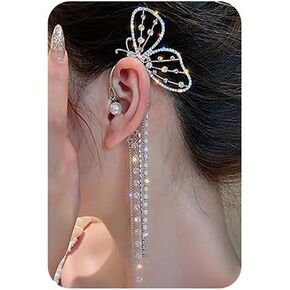 Wiwpar Butterfly Rhinestone Ear Cuffs Dainty Beads Tassel Ear Clip Asymmetry Chain Drop Dangle Earrings Single for Women