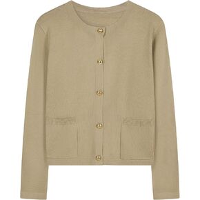 Cardigan Sweaters for Women Striped Lightweight Crewneck Knit Cardigan Soft Open Front Sweaters with Pactch Pockets