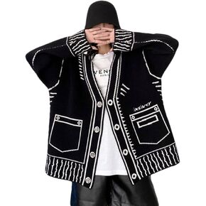 Women Print Graffiti Unique Cardigan Sweater Y2k Fake Pocket Long Sleeve Button Up Open Front Knit Sweaters Coat