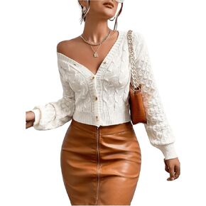 GORGLITTER Women's Cable Knit Button Up Cardigan V Neck Long Sleeve Knit Sweater