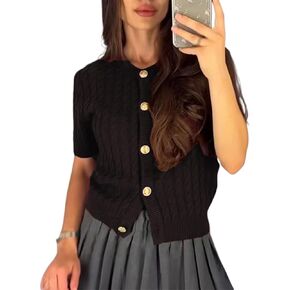 Cable Knit Short Sleeve Cardigans for Women Vintage Button Down Sweaters Casual Going Out Tops