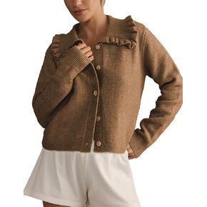 Womens Ruffle Cropped Sweater Open Front Outerwear Elegant Long Sleeve Knitted Cardigan Button Jacket Fall Tops