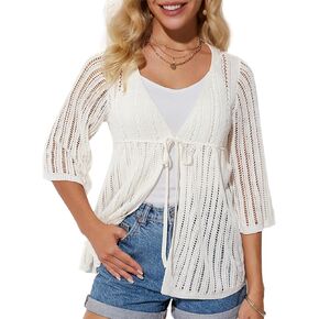GRACE KARIN Womens Lightweight Crochet Cardigan Tie Front Cardigan 3/4 Sleeve Summer Sweater Kimono Beach Cover Up S-2XL