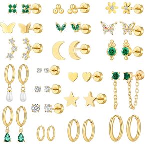 20 Pairs Gold Flat Back Earrings Hypoallergenic Cartilage Earring for Women,Mix of 10pcs Hoops,30pcs Studs,Dazzling Helix & Tragus Piercing Jewelry,20G Screw Back Earrings Sets for Multiple Piercing