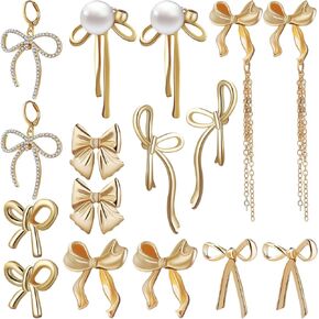 SAFIGLE 8 Pairs Bow Earrings Gold Stud Earrings for Women Cute Bowknot Dangle Earrings Set Classic Golden Jewelry Statement Earrings for Wedding, Christmas, Banquet