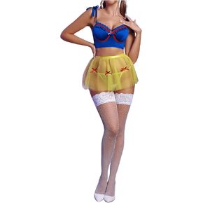 MakeMeChic Women's Lingerie Sets Color Block Bow Knot Bra Panty Skirt and Stockings Costume Set