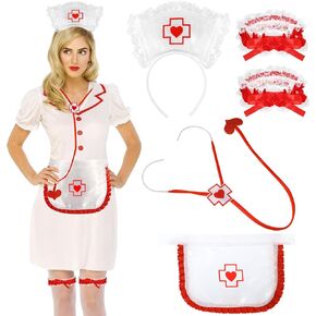 XEPST Nurse Costume Set for Women - 5PCS Nurse Costume Accessories Set with Nurse Hat Headband Stethoscope Nurse Apron Lace Garters Halloween Nurse Costume for Women Cosplay Carnival Fancy Dress Up