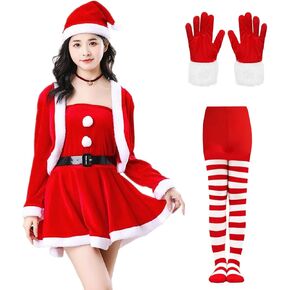 Womens Santa Costume, Velvet Long Sleeve Santa Dress with Belt Striped Tights Hat Gloves, Christmas Dress Costume