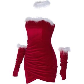 Women Christmas Red Lingerie Plush Patchwork Strapless Tube Dress Christmas Party Cosplay Costume