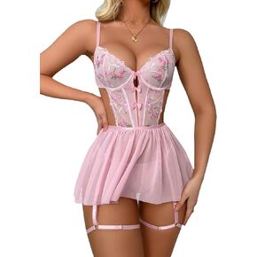 WDIRARA Women's Floral Embroidery Mesh Split Cut Out Babydoll Lingerie Slip Dress in Saudi Arabia