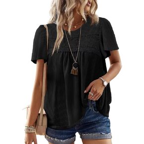 Womens Summer Tops Crewneck Short Sleeve Shirts Casual Chiffon Striped Ribbed Blouses Flowy Hem Boho Clothing Trendy