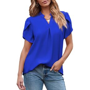 EVALESS Women's Dressy Casual Business Work Chiffon Blouses Tops Summer V Neck Cute Loose Petal Short Sleeve T-Shirts