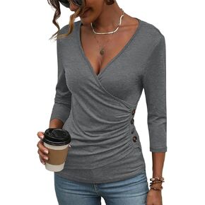 Deep V Neck 3/4 Length Sleeve Tops for Women Ruched Sexy Slim Fit Button Side Blouse