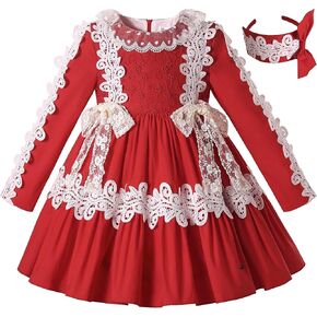 Pettigirl Children Girls Autumn Winter Elegant Red Christmas Long Sleeve Lace Clothing Toddler Cute Party Fancy Dresses