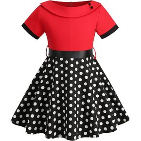Kids Audrey Vintage 50s Dress for Girls 1950s Polka Dot Dress for Girls Patchwork 50's Style Dresses Short Party Swing Dress