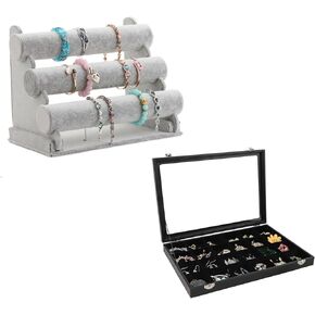 Wudygirl Jewelry Organizer Velvet Bracelet Holder Jewelry Display for Earrings Bracelet Ring Holder (24 Grid + 3 Tie)