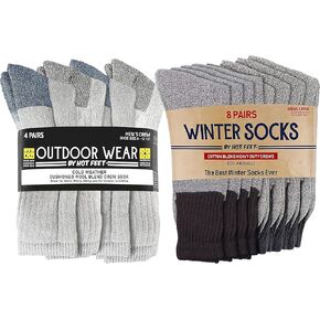 HOT FEET Men's Work Socks - 4 PK, Grey & Blue & Winter Socks - 8 PK, BLACK/GRAY, Size 6-12.5 - Bundle - Ultimate Comfort & Warmth for Outdoor Adventures