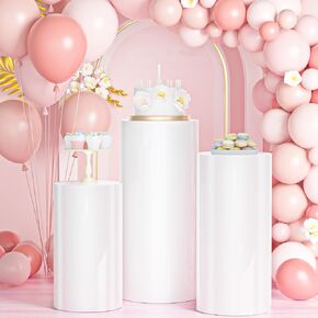MYSWEETY 3PCS Metal Cylinder Stands for Party, Thickened Stainless Steel Round White Cylinder Pedestal, Sturdy Cake Pedestal Display Plinth Pillars for Parties Birthday Wedding Art Decor