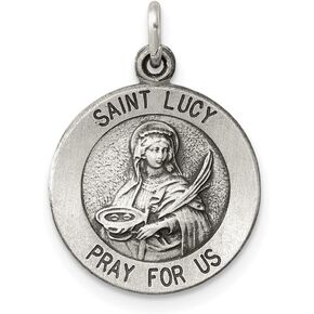925 Sterling Silver Antiqued Saint Lucy Medal Pendant (L- 0.79 Inch, W- 0.6 Inch)