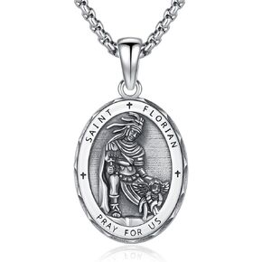 Saint Florian Necklace Sterling Silver St Florian Firefighter Necklace Patron St. Florian Fire Fighter Pendant Florian Firefighter Medal Amulet Protection Jewelry for Men Firefighters Lover
