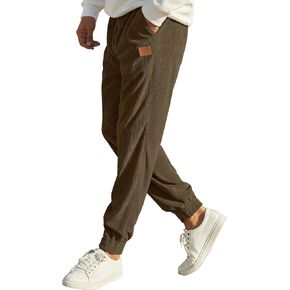 Mens Corduroy Joggers Pants Casual Cargo Pants Drawstring Elastic Waist Baggy Tapered Sweatpants with Pockets