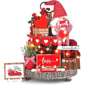 Soaoo 16 Pcs Valentine's Day Tiered Tray Decor Set Heart Love Gnome Plush Tray Decor Red Rustic Valentines Wood Table Sign for Valentine Home Kitchen Decorations