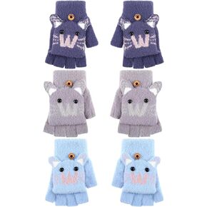 Geyoga 3 Pairs Kids Fingerless Gloves Convertible Flip Top Gloves Winter Warm Half Finger Mitten for Kids Boy Girl 5-10 Years(Purple, Sky Blue, Gray Mouse)
