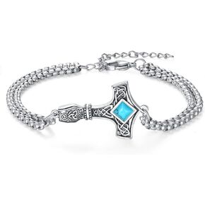925 Sterling Silver Patron Saint Amulet Bracelet for Men Women Archangel Saint Thor Hammer Protection Medal Bracelet Jewelry Gifts 7"+2" Adjustable Chain