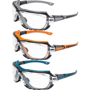 Global Vision 3 Pairs Octane Safety Glasses Grey Orange and Blue Gaskets Clear Lens