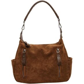 Suede Satchels Shoulder Crossbody Handbag for Women Winter Fall Retro Top-handle Bag Slouchy Work Hobo Bag Purse