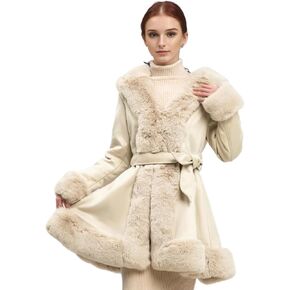 NXBC Winter Faux Fur Coats for Women,Faux Fur Leather Jacket Women,Winter Long Sleeve Furry Trim Peplum Parka Coat with Belt