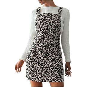 Milumia Women's Leopard Print Pinafore Overall Square Neck Mini Dress with Pockets