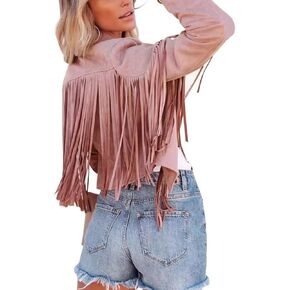 Women Long Sleeve Tassel Faux Suede Crop Moto Fringe Jacket Hippie Outwear